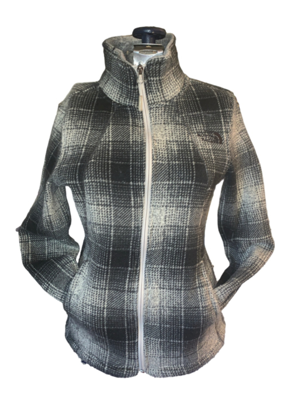 Women's The North Face Plaid Fleece Full Zip Sweatshirt Grey Black Size S